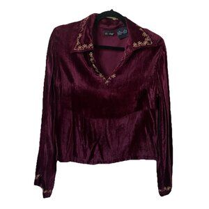 Y2K Zig Zag Zigzag Velvet Shirt Womens M Burgundy Witchy Embroidered Whimsigoth